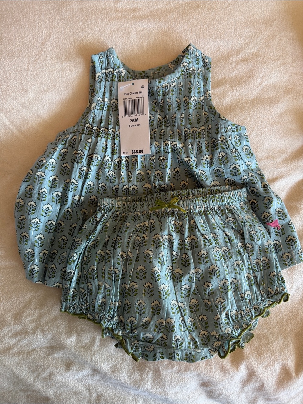 Pink Chicken Blue Floral Ruffled Diaper Cover Set 3-6 months
